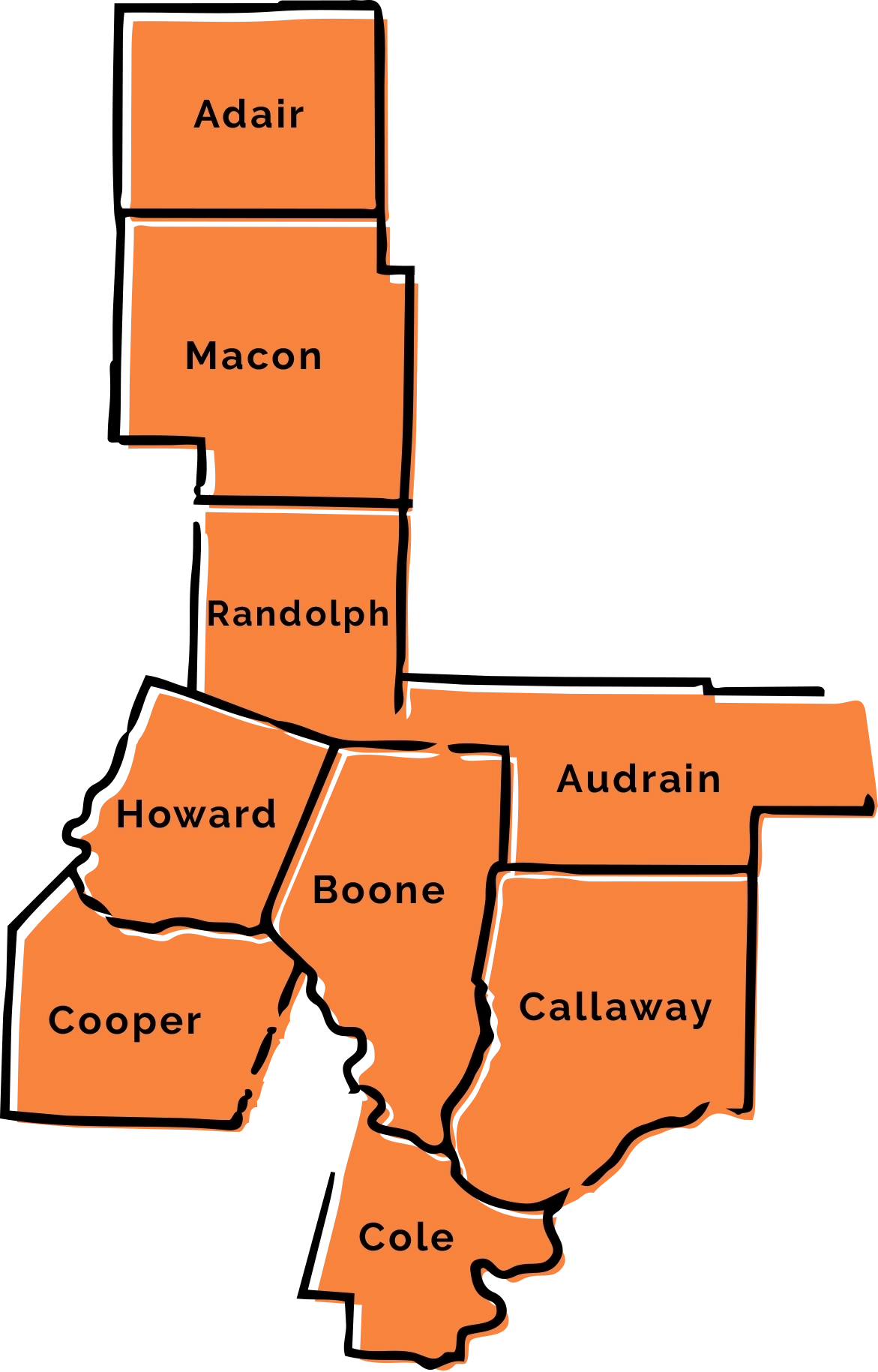 A colorful map shows the 9 county coverage area Child Advocacy Center of Central Missouri serves, including Macon, Randolph, Cooper, Howard, Boone, Audrain, Callaway, Adair, and Cole in Missouri.