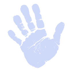 Blue graphic handprint as a graphic element background art for statistics about cases and families served at the Child Advocacy Center of Central Missouri.