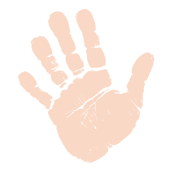 Peach graphic handprint as a graphic element background art for statistics about cases and families served at the Child Advocacy Center of Central Missouri.